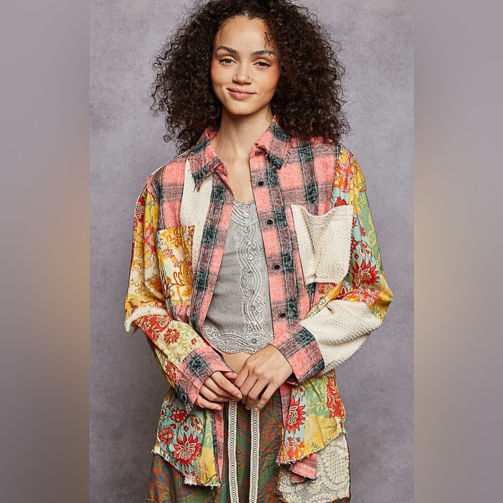 POL Women’s Oversize Patchwork Long Sleeve Plaid Button Down Shirt - Picture 3 of 7